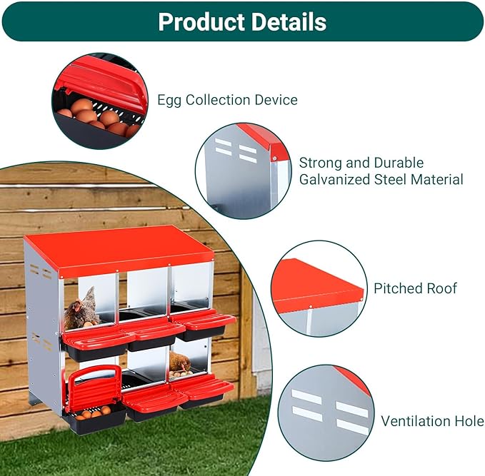 Chicken Nesting Box,Chicken Laying Boxes with 3 Compartment Metal Stainless Steel,Chickens Egg Laying Nest Boxes with Rollout Egg Collection,Chicken Brooder Box with Perch, Red