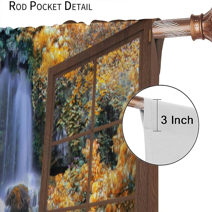 Waterfall Blackout Curtains, Waterfall Forest Landscape Wooden Window Print Pattern Window Drapes, for Bedroom Living Room 63" W X 63" L