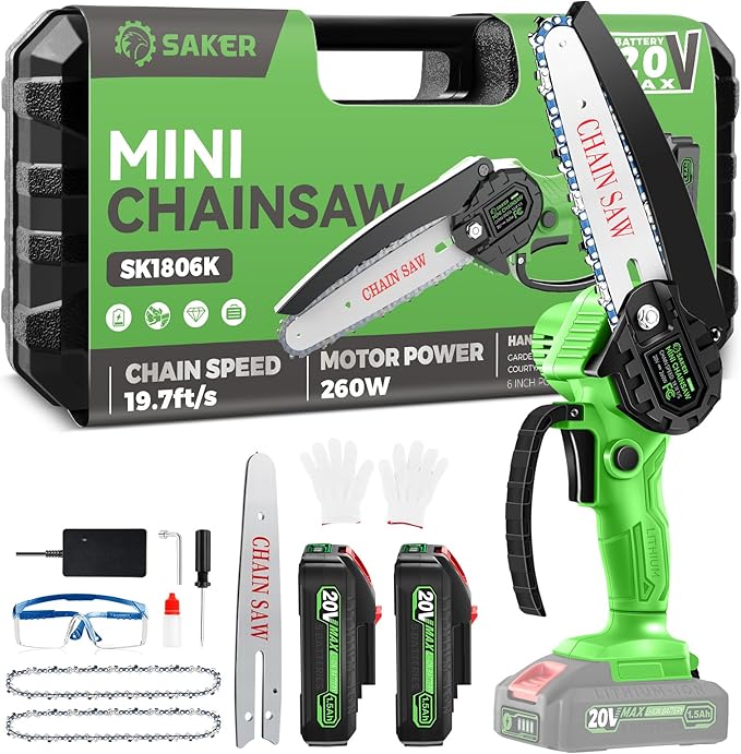 Saker Mini Chainsaw|6 Inch Chainsaw[2025 Upgraded]|Mini Cordless Electric Chain Saw|Small Handheld Portable Chainsaw Battery Powered Chain Saw for Tree Trimmer and Garden,Christmas Gifts for Men Women