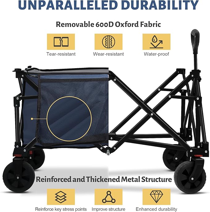 Collapsible Folding Wagon Cart, 220LBS Heavy Duty Foldable Utility Garden Cart with All Terrain Wheels & Side Storage Bag, Portable Sports Wagon for Camping, Shopping, Garden.(Blue)