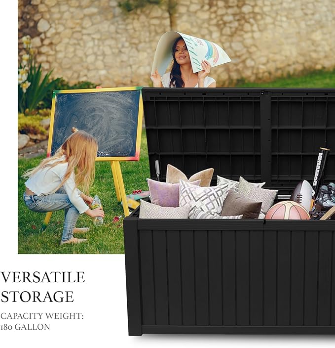AJP Distributors 180 Gallon Outdoor Storage Box, Rain Waterproof Resin Deck Box, Lockable Large Storage Container for Patio Furniture, Cushions, Garden Tools, Sports Equipment and Pool Supplies Black
