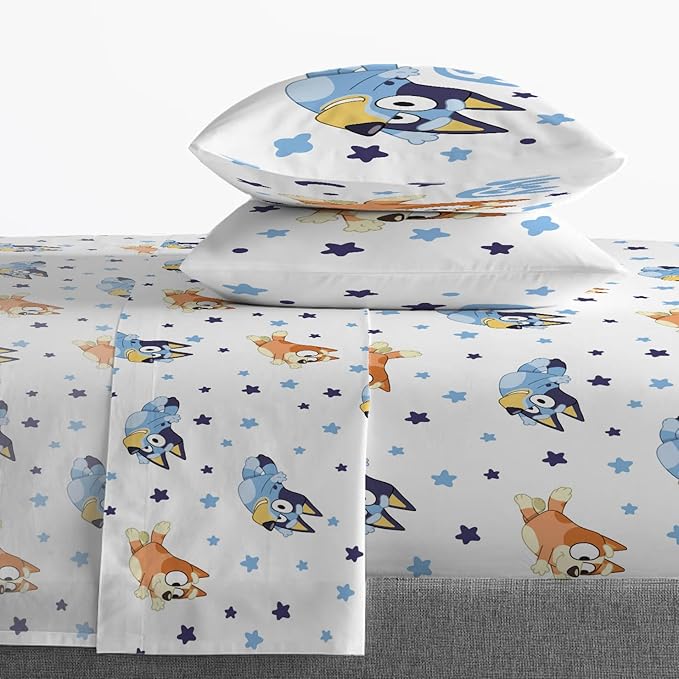 Jay Franco Bluey & Bingo Full Comforter Set - 7 Piece Bed Set Includes Sheet Set & Pillow Covers - Super Soft Clouds & Stars Kids Bedding