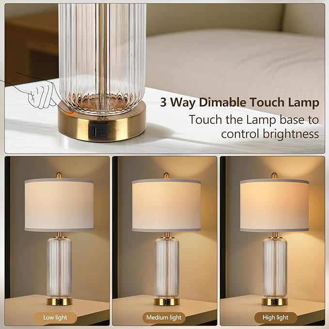 Table Lamps Set of 2 with Touch Control, 3-Way Dimmable Nightstand Lamp with