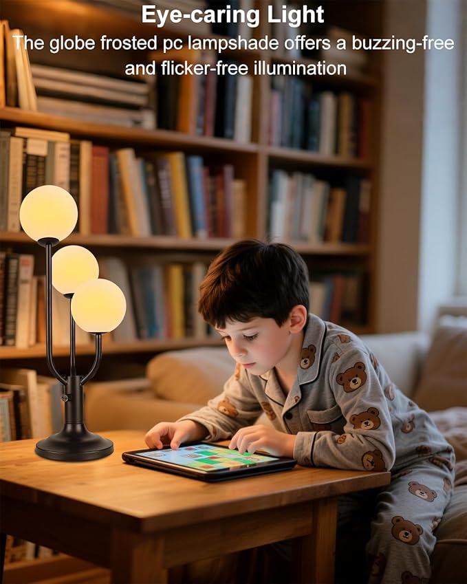 Modern Black Table Lamp for Bedroom, 3-Globe Dimmable Small Desk Lamp 3000K