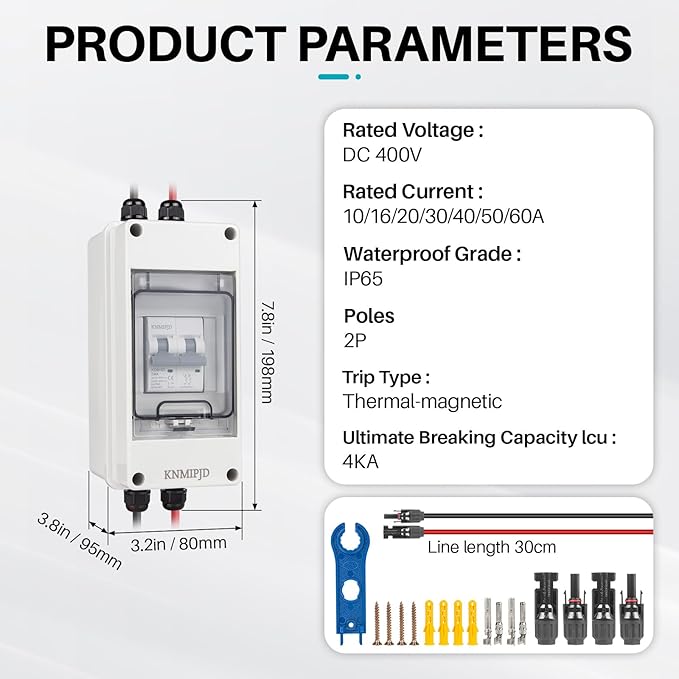 Solar Panel Disconnect Switch 10A 2P 400V Dc/AC Breaker Disconnect Box Outdoor Breaker Box Suitable for photovoltaic and Wind Energy Home Battery Systems (40 Amps)