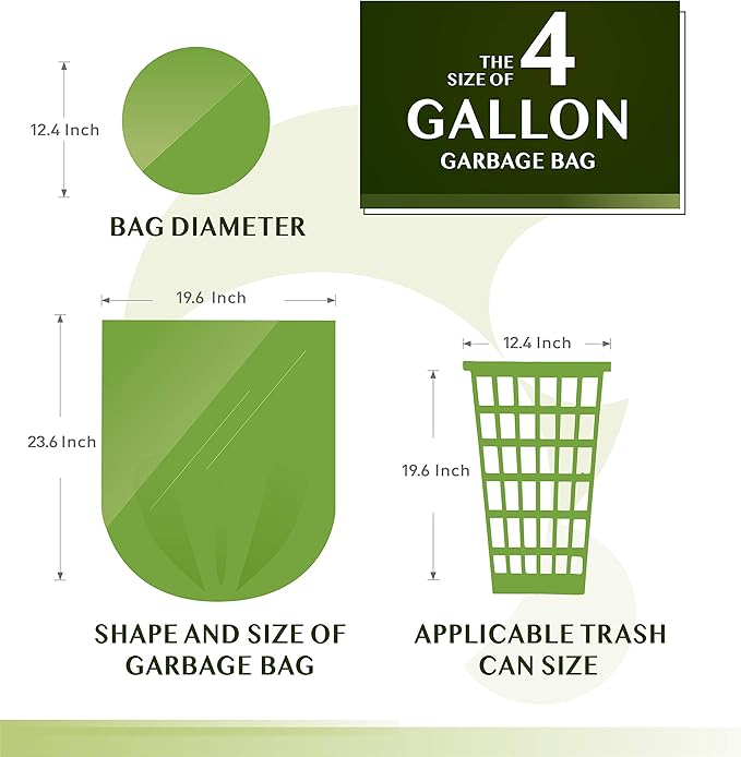 FORID 4 Gallon Garbage Bags, 150 Count, Unscented, Strong Trash Can Liners, 15 Liter Wastebasket Bags for Kitchen, Bathroom, Home Office, Green