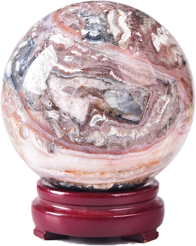 JIC Gem Large Striped Agate Crystal Sphere Ball with Wooden Stand Healing Crystal Decorative Ball Meditation Feng Shui 90-100mm