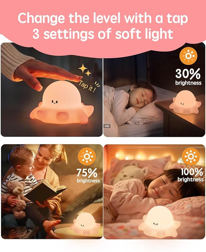 Cute Octopus Rechargeable Silicone Night Light for Kids, Dimmable Touch Control Nightlight with Timer, Portable USB Baby Night Lamp for Nursery, Bedroom