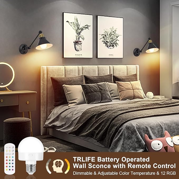 TRLIFE Rechargeable Battery Operated Wall Sconce, Dimmable and Adjustable Color
