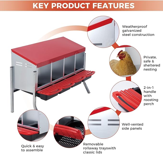 Chicken Nesting Boxes, Metal Rollaway Chicken Nest Box with Rollout Egg Collection, Removable Tray & Nesting Pads, Egg Laying Box for Chicken Coop Hens, Wall Mount or Standing, 4 Compartments, Red