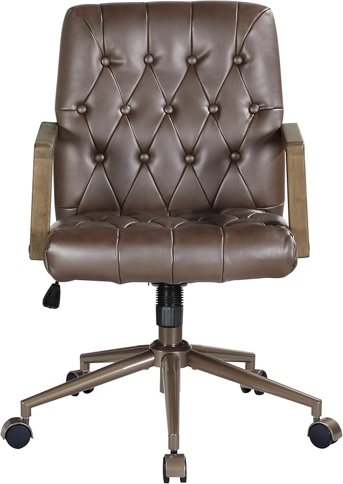 OSP Home Furnishings Waltham Adjustable Height and Tilt, Swivel Home Office Chair with Wood Arms, Chocolate Faux Leather