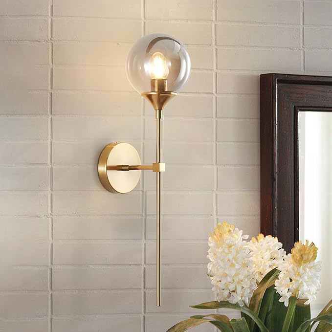 KCO Lighting Smoke Gray Glass Globe Wall Sconce Modern Gold Long Pole Wall