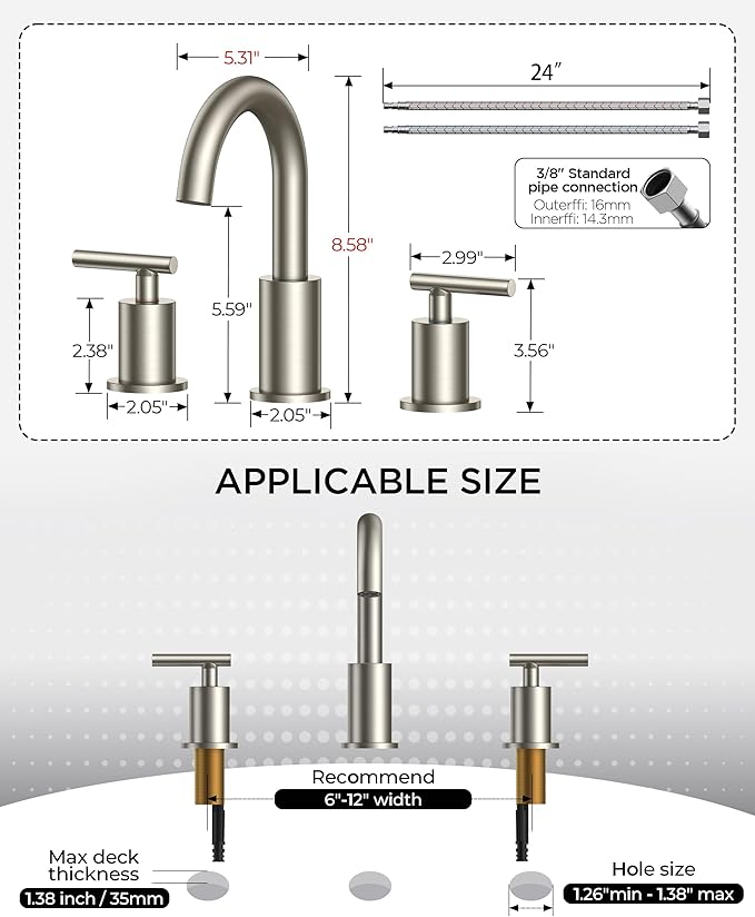 FORIOUS Brushed Nickel Bathroom Faucet 3 Hole