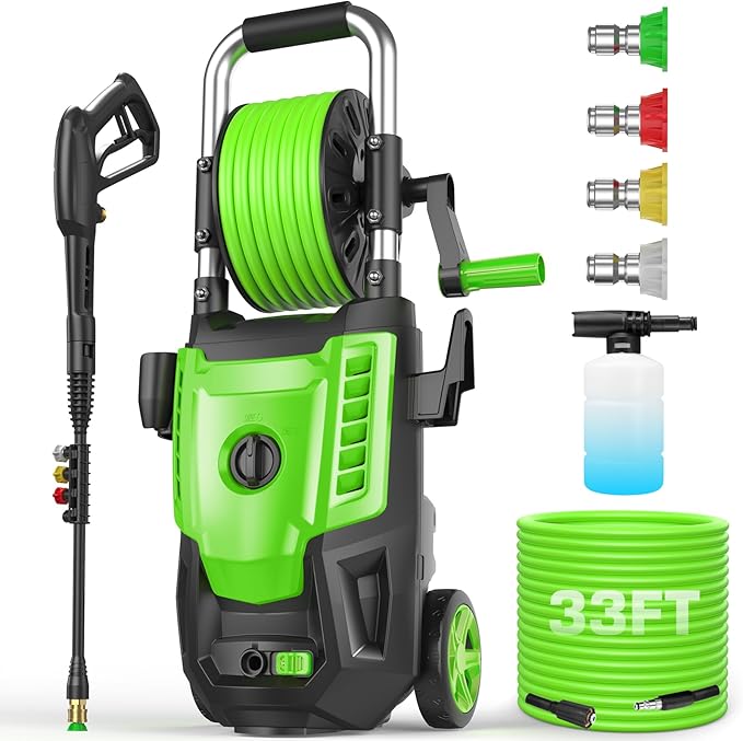 4800 PSI Pressure Cleaner- 4.0 GPM High Power Cleaner with 33FT Hose Reel, 4 Spray Tips and Soap Bottle for Car Washing, Fence Cleaning, Patio Maintenance（Upgraded）(Green)