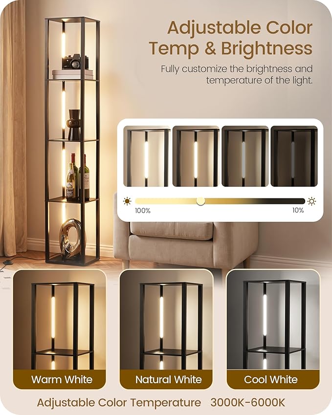 64.2" Display Shelf with Light, Modern Corner Floor Lampe with Shelves