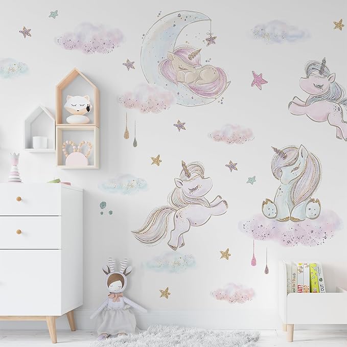 Unicorn Wall Decals by Lipastick - Vibrant Glitter Moon, Stars, Cloud Stickers for Girls Bedroom, Baby Nursery, Kids Room, Birthday Party Decor Art- Wall Stickers for Girls Room