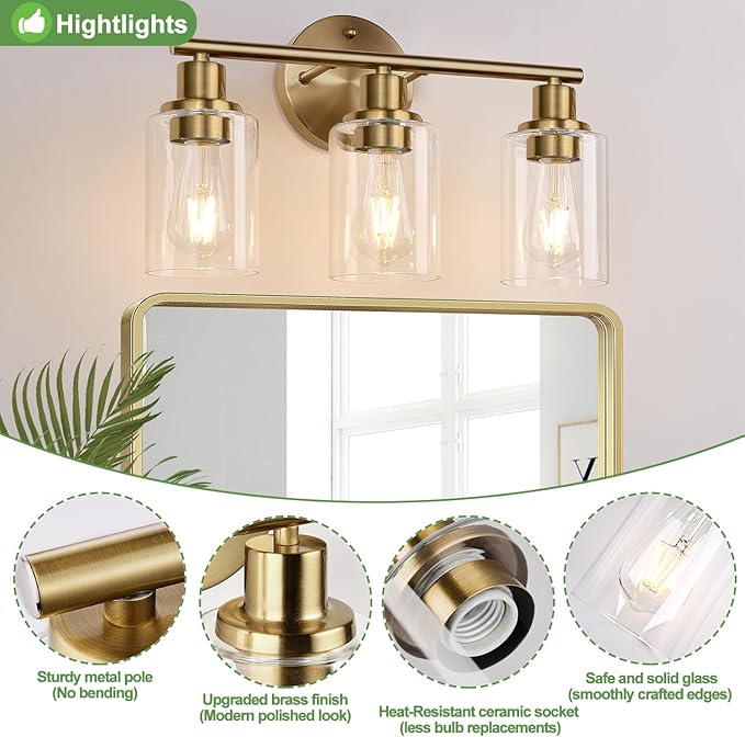 3-Light Bathroom Light Fixtures, Brushed Brass Bathroom Wall Lights