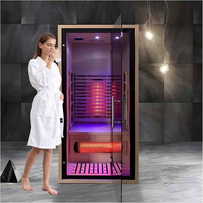 1 People Indoor Infrared Sauna, Low EMF Full Spectrum Red Heater with Carbon Heating Panels, Canadian Hemlock Wood, WiFi Control, 7-Color Starry Light, Reading Lamp, 1350W, 120V