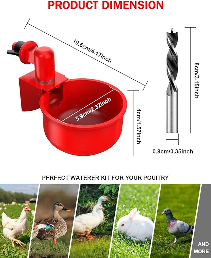 Professional Chicken Waterer Cups, 30 Packs Large Automatic Poultry Water Feeder with Tee Fittings - Leakproof Design for Ducks, Chickens, Geese, Turkeys, Birds - Includes Mounting Hole Opener Tool
