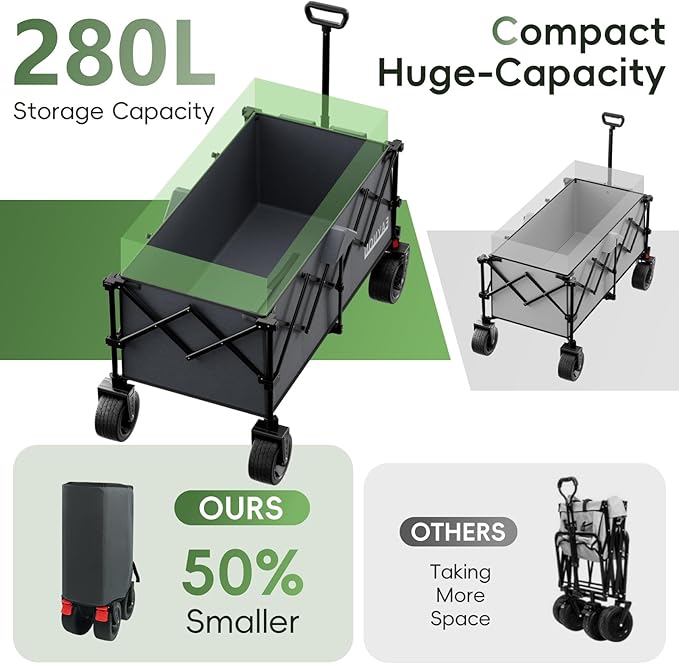 46" L Collapsible Foldable Extended Wagon, 500LB Weight Capacity with 280L Heavy Duty Folding Cart,Utility Wagon with All-Terrain Beach Wheel & Drink Holders,Gray