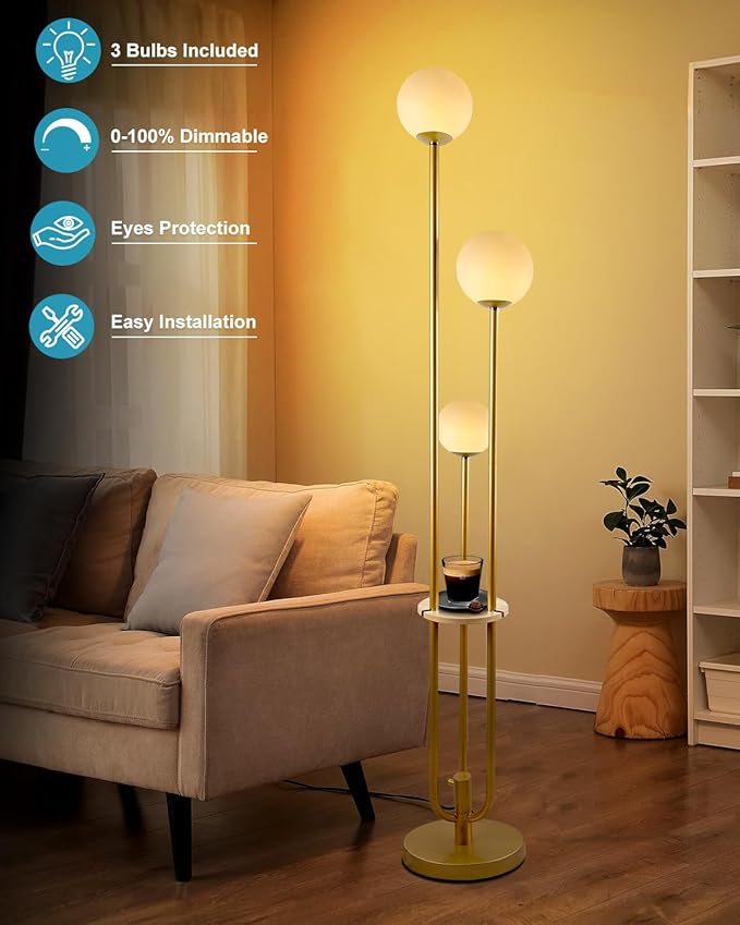63IN Dimmable Floor Lamp with Shelf, Unique Globe Gold Tall Standing Lamps