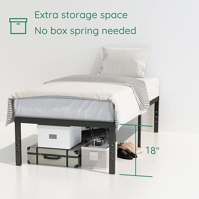 18 Inch Twin XL Bed Frame Heavy Duty No Box Spring Needed Metal Platform with Maximum Storage, Easy to Assembly, Noise Free, Black