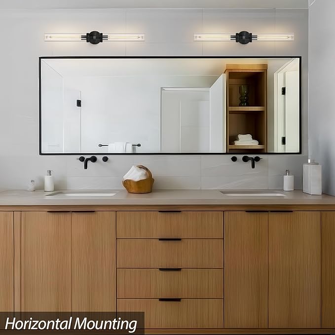 Modern 2-Light Black 30in Knurled Wall Sconces, Double Glass Sconces Wall