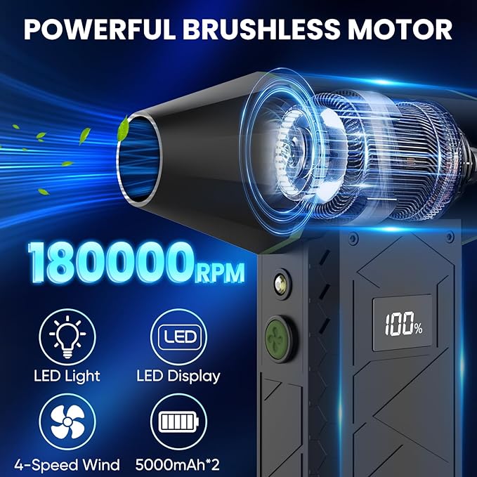 Compressed Air Duster with Flashlight, 180000RPM Electric Air Duster with 4 Gear, 10000mAh Rechargeable Air Blower with LED Light, Air Duster for Car, Computer, Keyboard, Outdoors, Home (Green)