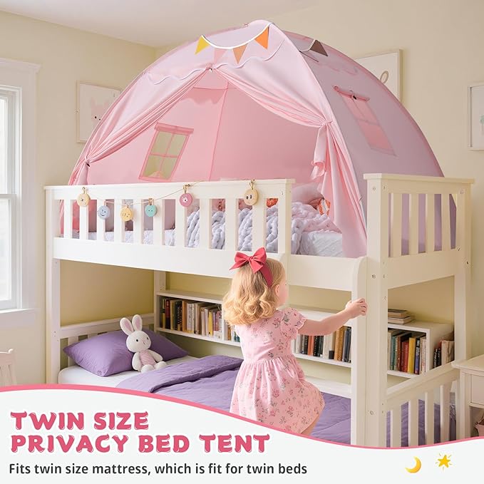 Sumbababy Toddler Bed Tent Canopy: Lights & Flags Indoor Floor Kids Play Tent Playhouse - Portable & Foldable Twin Bunk Bed Curtains - Twin Bed Tent for Girls Gifts (Pink)