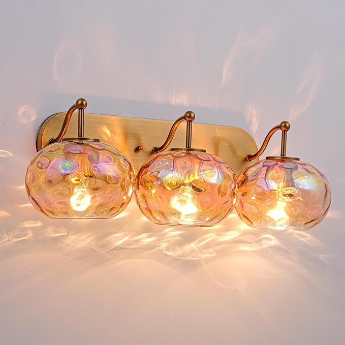 23" Brushed Gold Vanity Light Stained Amber Hammered Glass Wall Sconce 3-Light