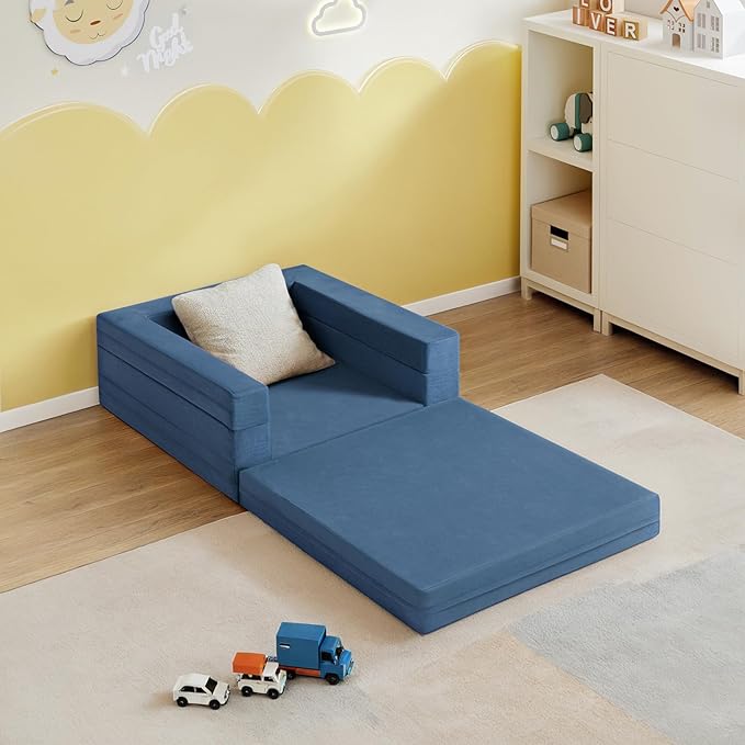 Travel Toddler Bed, 3-in-1 Convertible Sofa Bed for Toddler Portable Floor Beds, Flip Open Sofa Lounger for Girls and Boys, Made with High-Density Foam and Washable Cover,Blue
