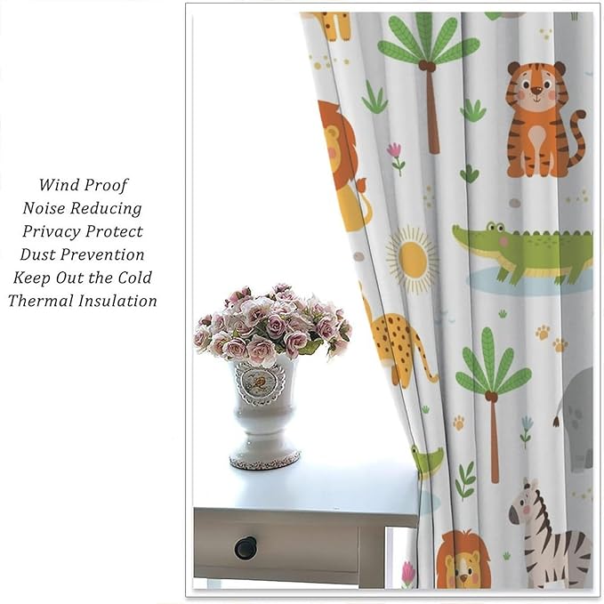 Cartoon Animal Curtains, Safari Woodland Jungle Forest Wildlife Blackout Window Treatments, Rod Pocket Thermal Insulated Drapes 2 Panel Sets for Kids Bedroom Nursery Classroom, 42" W X 45" L