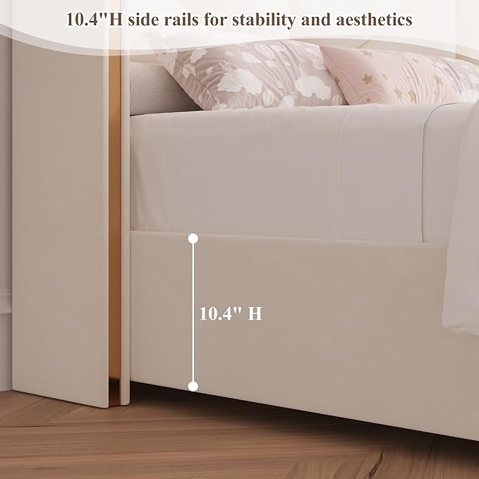 HITHOS Twin Upholstered LED Bed Frame with Storage Drawer, Velvet Kids Bed with Wingback Headboard, Princess Twin Platform Bed for Girls/Kids, Solid Wood Slats Support, No Box Spring Needed, Beige
