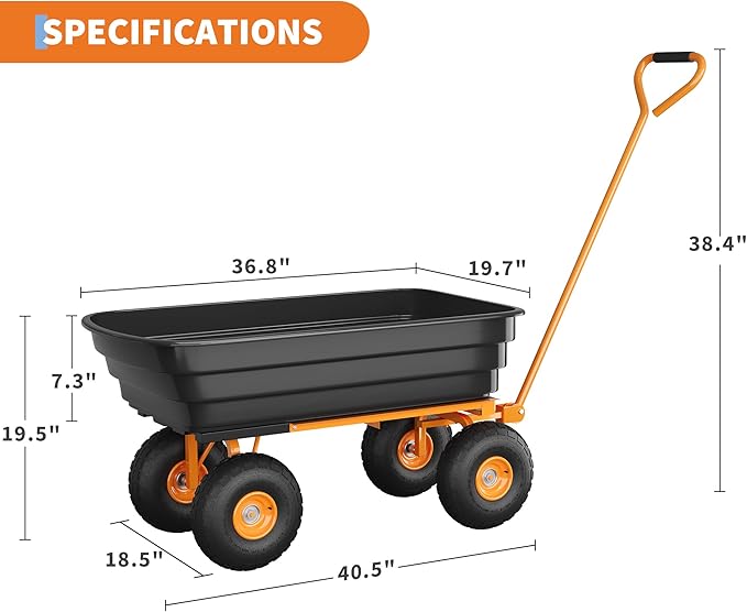 All-Terrain Garden Dump Cart with Removable Bed | 600Lb Heavy Duty Utility Wagon for Yard Work | 180° Pivoting Handle for Easy Control | Hauls Soil, Plants, Tools with Ease
