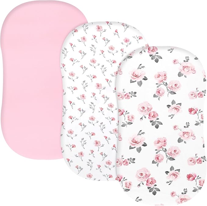 PHF 3 Pack Soft Bassinet Sheets, Rose Floral Breathable Comfy Cradle Sheets for Baby Girls, No Slip Universal Fit for Most Cradle and Bassinet Mattress, Rose Floral
