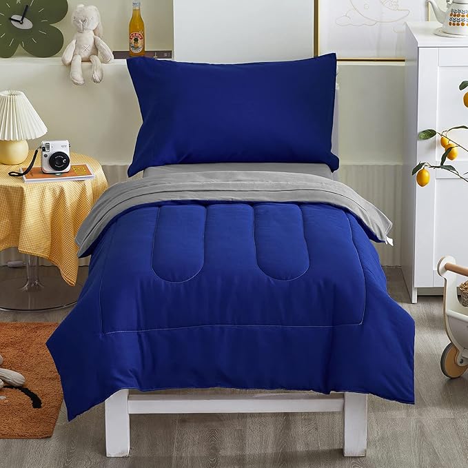 4 Pieces Toddler Bedding Set Ultra Soft and Breathable Toddler Comforter Sheet Set for Autumu and Winter- Includes Warm Comforter, Flat Sheet, Fitted Sheet and Pillowcase - Royal Blue & Gray