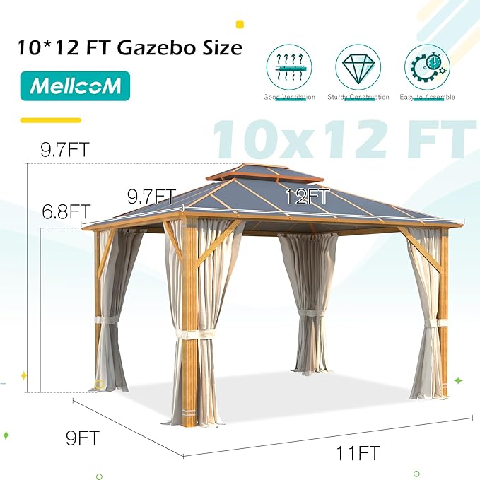 MELLCOM 10x12FT Hardtop Gazebo, Wooden Finish Coated Aluminum Patio Gazebo with Aluminum Composite Double Roof for Patio Lawn and Garden, Curtains and Netting Included