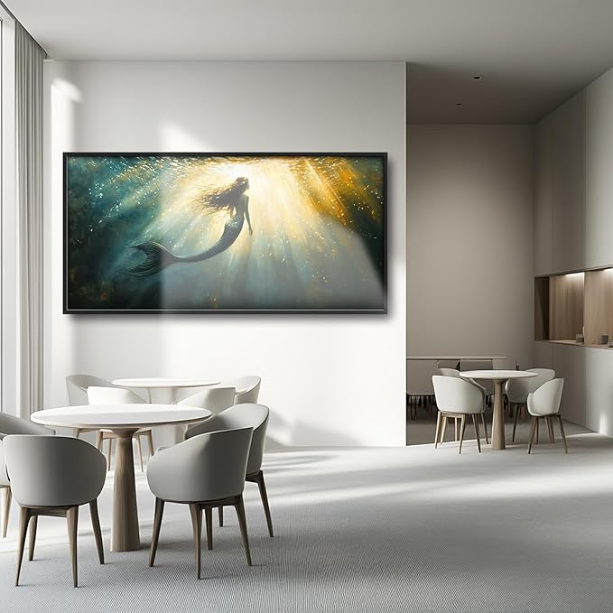 Olivine Mermaid Wall Art, Ocean Pictures Wall Decor, Coastal Painting, Marine Life Canvas Prints, Framed Artwork for Bathroom Bedroom Living Room Office Home Decoration 60"x30"
