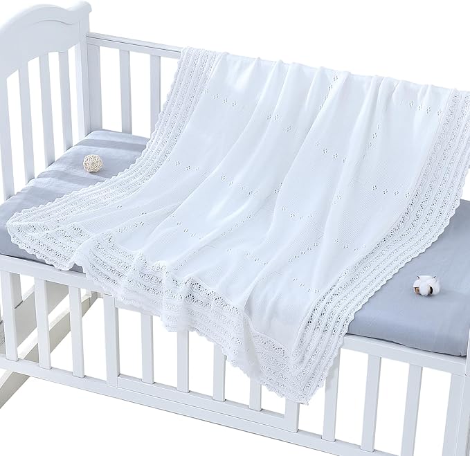 Booulfi Baby Blanket White Receiving Blanket Baptism Christening Towel for Newborn Girls Boys, White Cotton Knit Thermal Baby Blanket Shawl with Cross Pattern, 47”x47”