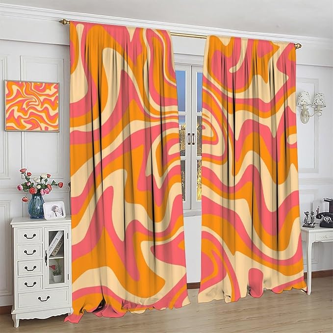 Abstract Wavy Swirl Curtains,60s 70s Groovy Aesthetic Retro Boho Orange Pink Abstract Curtains for Girls Bedroom Living Room Window 72"" W X 63"" L, Style-2