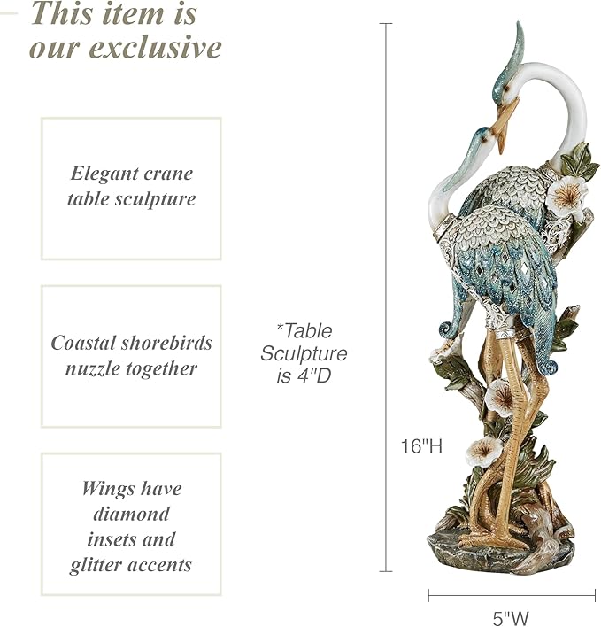 Devoted Cranes Table Sculpture Teal - Made of Resin Coastal Crane Shorebirds - Glitter Accents - Bird Statue - Flowers, Vining Leaves Base - Measures 5 Inches Wide, 16 Inches High