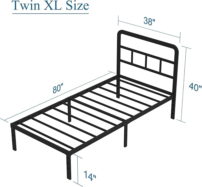 14 Inch Twin XL Bed Frame with Headboard No Box Spring Needed Metal Platform Heavy Duty Steel Slat Mattress Foundation/Easy Assembly/Noise Free/Black