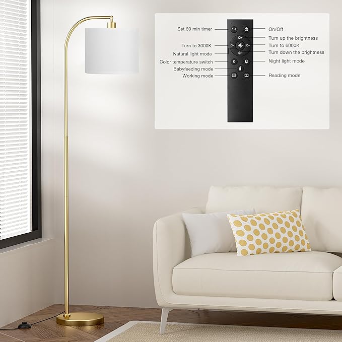 Ambimall Arc Floor Lamp with Remote and Stepless Dimmable Bulb, Colors