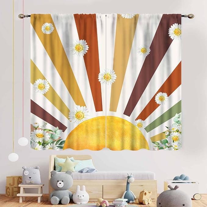 Boho Rainbow Curtains, Watercolor Bohemian Modern Abstract Daisy Floral Abstract Aesthetic Rainbow Blackout Window Treatments for Kids Girls Baby Bedroom Living Room Bathroom 2 Panels, 42"x45" Inch