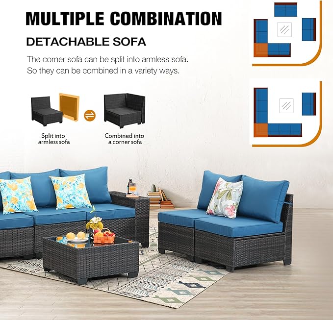 10 Pieces Patio Furniture Set All-Weather Outdoor Wicker Sectional Conversation Sofa Rattan Patio Seating Sofa with Cushion and Glass Table for Porch Poolside,Peacock Blue