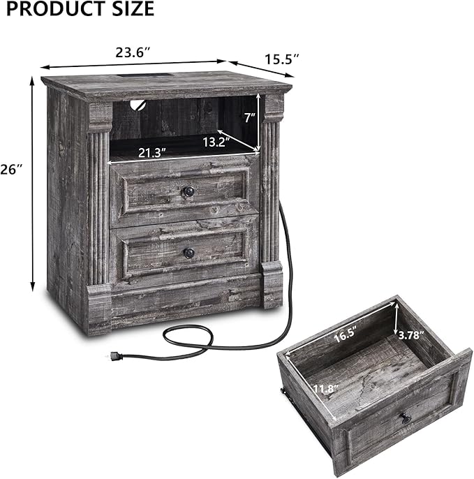 26" Tall 2 Drawers Dresser for Bedroom, Farmhouse 23.6" Wide Large Nightstand with Charging Station, Wood Rustic Side Table w/Roman Column, End Table for Bedroom, Living Room, Light Grey