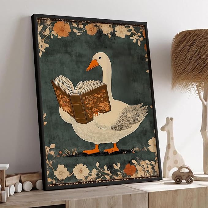 Nursery Animal Canvas Wall Art, Whimsical Goose Reading A Book Poster, Cozy Folk Art Print, Countryside Animal and Botanical Flowers Wall Painting for Kids Reading Corner 12x16in Wrapped Canvas