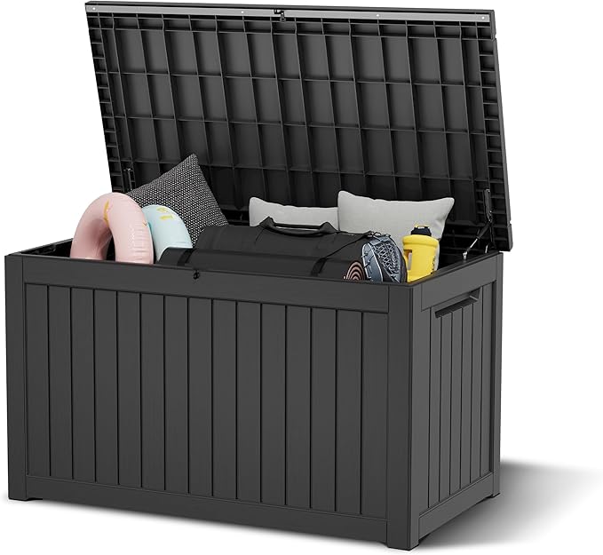 KAMABOKO 230 Gallon Outdoor Storage Box, Resin Deck Boxes Indoor and outdoor, Waterproof Storage Box Lockable Lid for Garden Tools, Package Delivery, Patio Cushions, Black