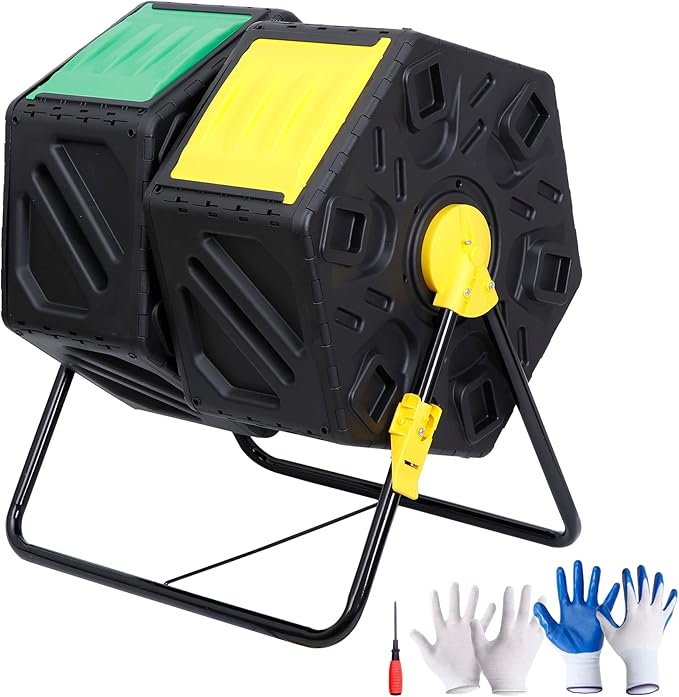 F2C Dual Chamber 37 Gallon Compost Tumbler All-Season Outdoor BPA Free Large Composter Bin w/ 2 Sliding Doors and Solid Steel Frame