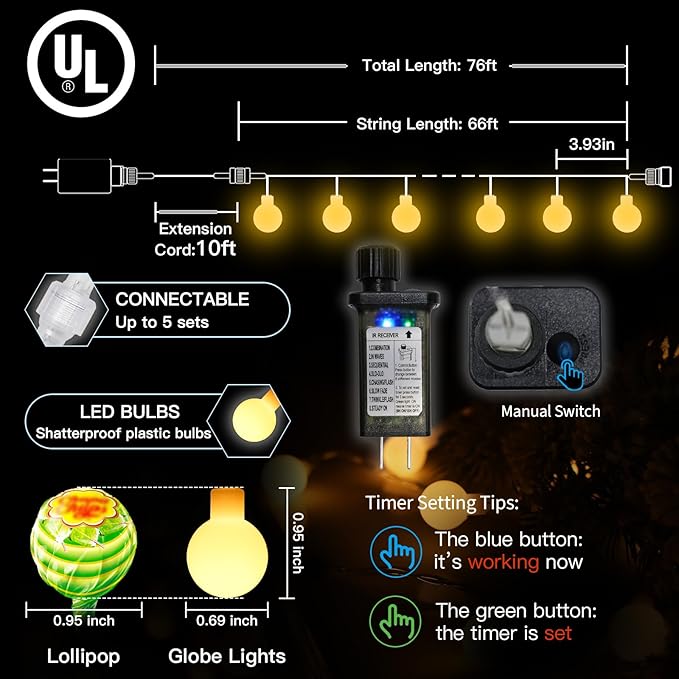 suddus String Lights for Bedroom, 66ft 200 Led Connectable Globe String Lights